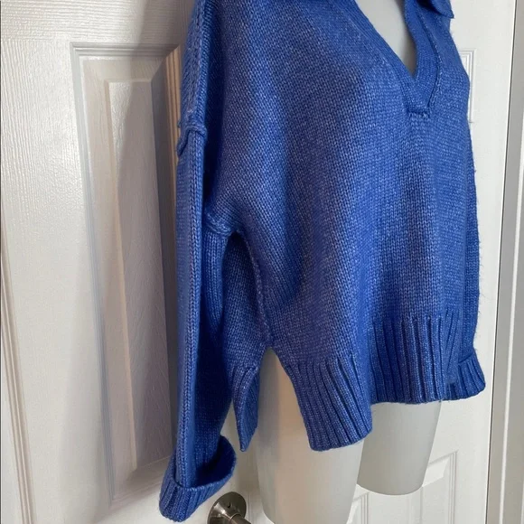 TOPSHOP KNITTED WIDE RIBBED COLLAR V-NECK DROP SHOULDERS CROP SWEATER BLUE SZ M - Picture 5 of 7